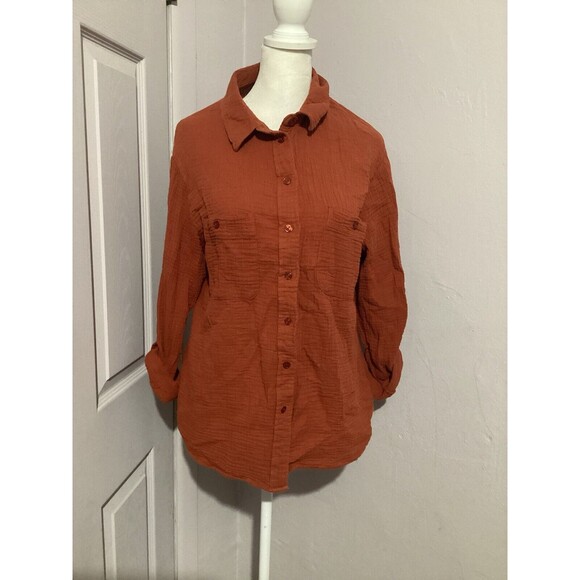 Sanctuary Burnt Orange Long Sleeve Button Up Blouse 100% Cotton Roll Tab M - Picture 1 of 6